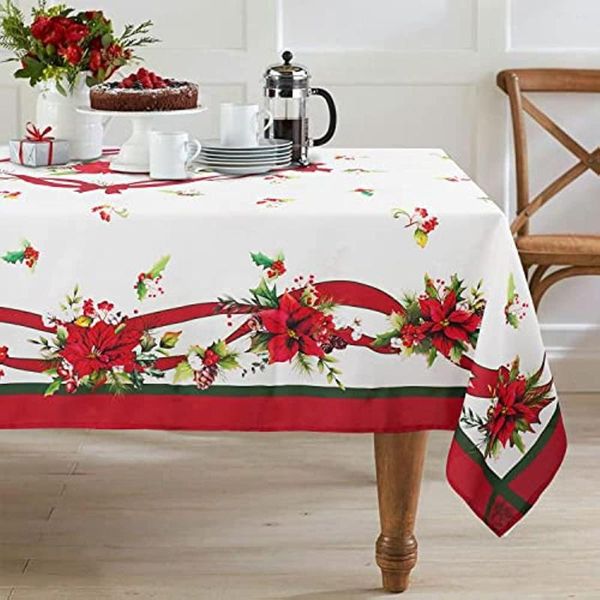 Mantel rojo de Navidad mantel rectangular lavable Poinsettia decoración de boda para cocina comedor decoración de cena de vacaciones