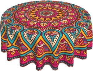 Nappe de Table Rouge Mandala Nappe 60 Pouces Ronde Lavable Polyester Boho Tissu Ferme Cove pour Pique-Nique Camping Vacances 230615