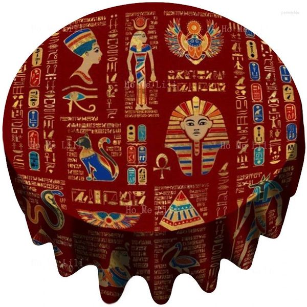 Tableau poster rouge des hiéroglyphes et divinités égyptiennes nappes rondes décorées de la cuisine