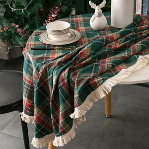 Nappe de table ronde de Noël 90 cm 120 cm 150 cm Couverture en lin de coton à carreaux rouge vert avec des glands pour la décoration de la maison de fête