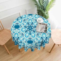 Mantel redondo mantel étnico floral abstracto arte Bohemia flor azul lavable poliéster cubierta decoración