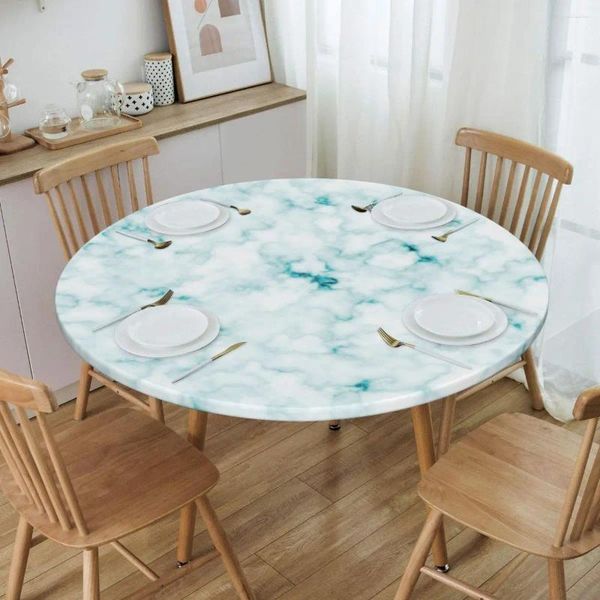 Nappe ronde imperméable à l'huile, texture bleue en marbre, avec bord élastique, 45 à 50 pouces, coupe Chic et élégante