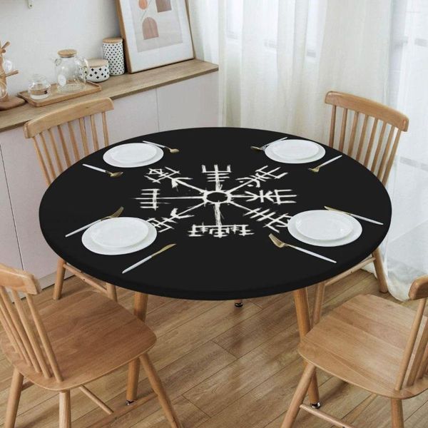 Mantel redondo impermeable con brújula vikinga Vegvisir, mantel con borde trasero elástico para comedor