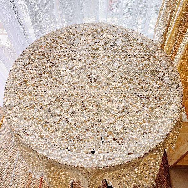 Nappe Style Rural Beige Crochet Nappe À Franges Dentelle Creux Thé Tissu Nuit Couverture Anti-Poussière Serviette Décor