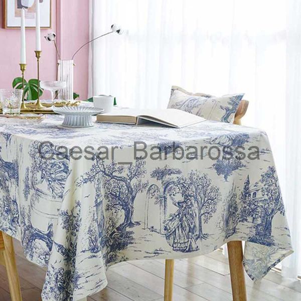 Mantel rústico Mantel ic Pueblo francés Azul Impreso Mantel de tela de lino Rectángulo Oblongo para cocina Comedor TJ7005 x0704