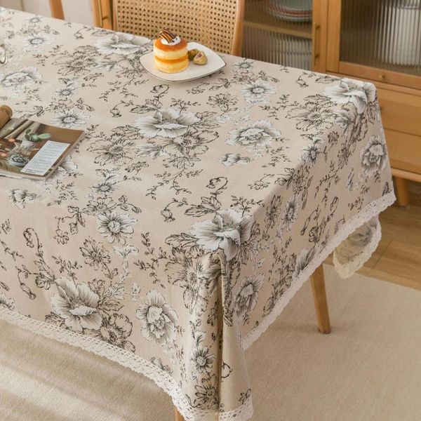 Petite nappe en coton et lin frais, couverture de ménage avec pompon en dentelle, P3S274