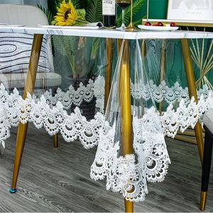 Tafeldoek zacht vierkant tafelkleed met kanten borduurwerk waterdichte transparant flexibel glas op de bescherming