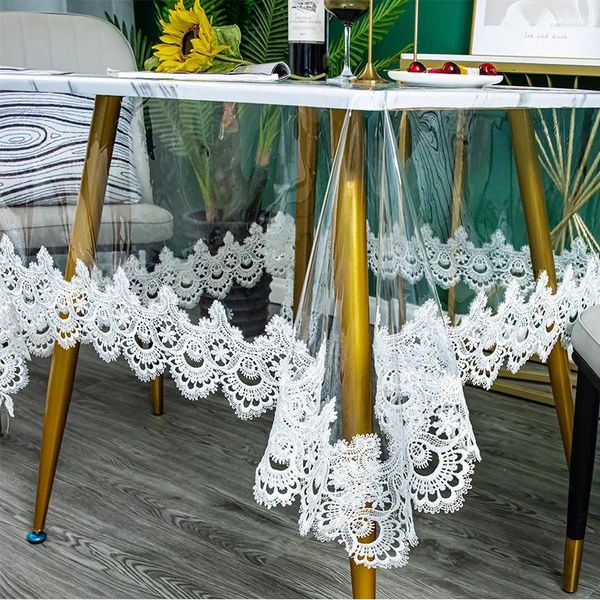 Mantel cuadrado de tela de mesa con bordado de encaje vidrio flexible transparente impermeable en la protección