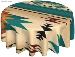 Mantel redondo del suroeste azteca nativo turquesa raya mantel de 60 pulgadas cubierta de mesa circular decoración de mesa a prueba de polvo fiestas de arrugas Y240401