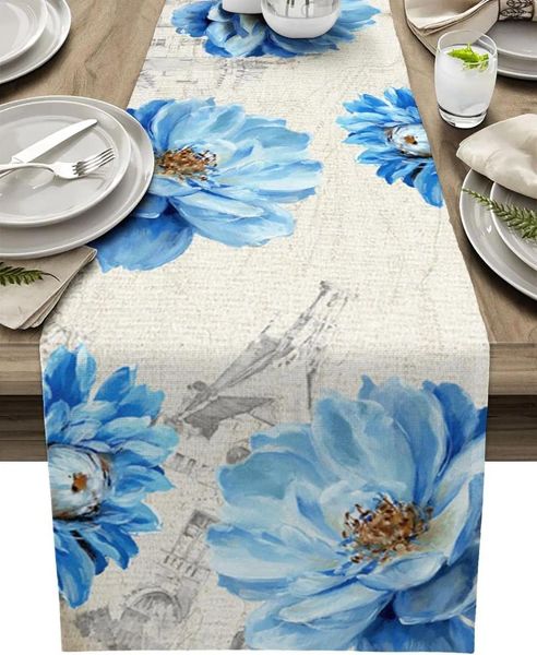 Mantel Primavera Verano Azul Peonía Acuarela Floral Lino Corredores Dresser Bufanda Deocr Cocina Hogar Comedor Fiesta Decoración