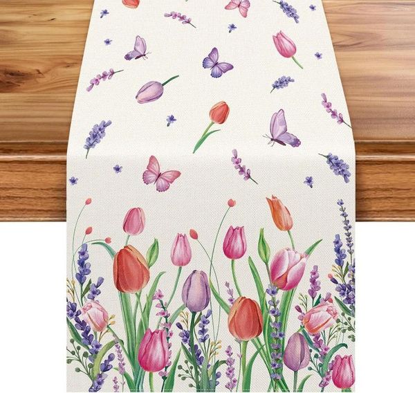 Pable de tela Spring Summer Lavender Tulip Blooming Floral Runners COCINADOR DE TIEMPO DE TRISMA DE CITORES DE COMIDENCIA ENTER