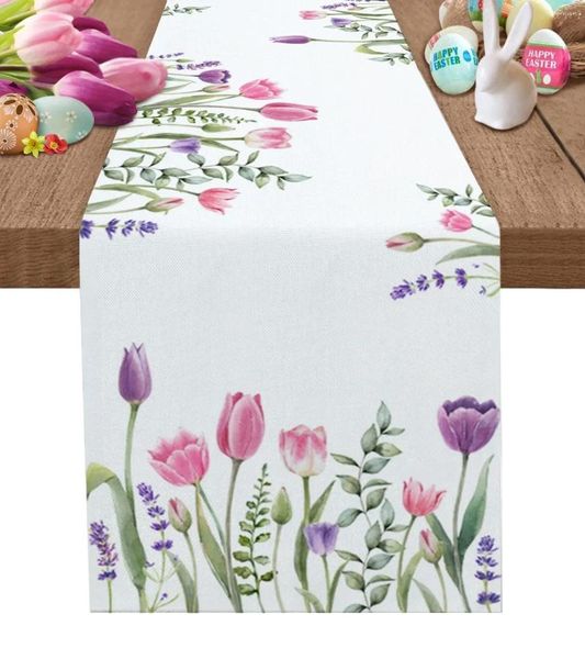 Nappe de Table en lin, plante de tulipe de printemps, chemins de fleurs, décor de fête de vacances, décorations de salle à manger de ferme et de mariage