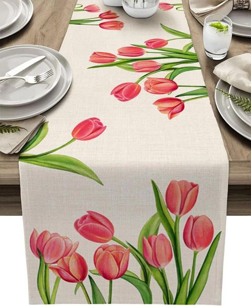 Nappe de Table en lin avec fleurs de tulipes de printemps, pour commode, foulards, cuisine, salle à manger, fête de mariage, vacances, pique-nique en plein air