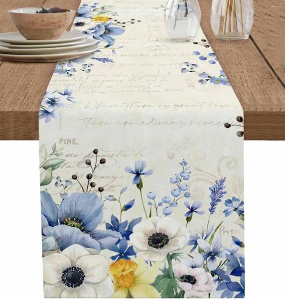 Nappe de Table en lin bleu Vintage, motif Floral, plantes d'été, commode, écharpe, décor de ferme, fête, cuisine, salle à manger, printemps