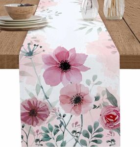 Nappe de table en lin avec fleurs aquarelles, chemin de table d'été, décoration de commode, écharpe, cuisine, salle à manger, fête de mariage