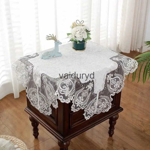 Nappe de table carrée blanche petite nappe de chevet de luxe brodée en dentelle pour table de salle à manger, jupe de table élégante, housse anti-poussière, serviettevaiduryd