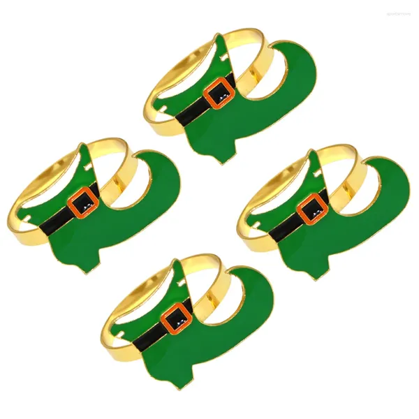 Juego de anillos para servilletas del Día de San Patricio, mantel, 4 botas de duende irlandés esmaltadas, hebillas en forma, soportes para servilletas de vacaciones para comedor