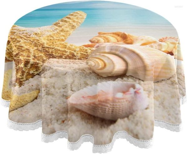 Nappe d'été plage coquillage nappe ronde étoile de mer tropicale couverture tapis dentelle lavable Polyester 60
