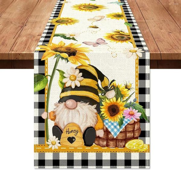 Nappe d'été jaune tournesol miel Gnomes, chemin de Table en lin, écharpe de commode, décor de ferme, lavable, cuisine, salle à manger