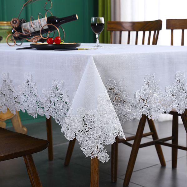 Nappe De Table Couverture De Table Blanc Lin Coton Nappe Rectangulaire Fleur Tissu Américain Nordique Meuble Tv Nappe Dentelle Motif Moderne 230621