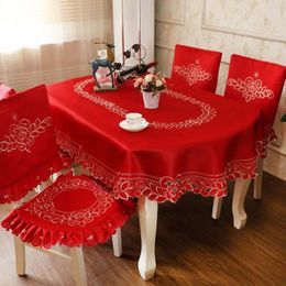 Mesa de tela de mesa Bordado floral ovalado cubierta roja para fiesta de bodas de estilo chino simple
