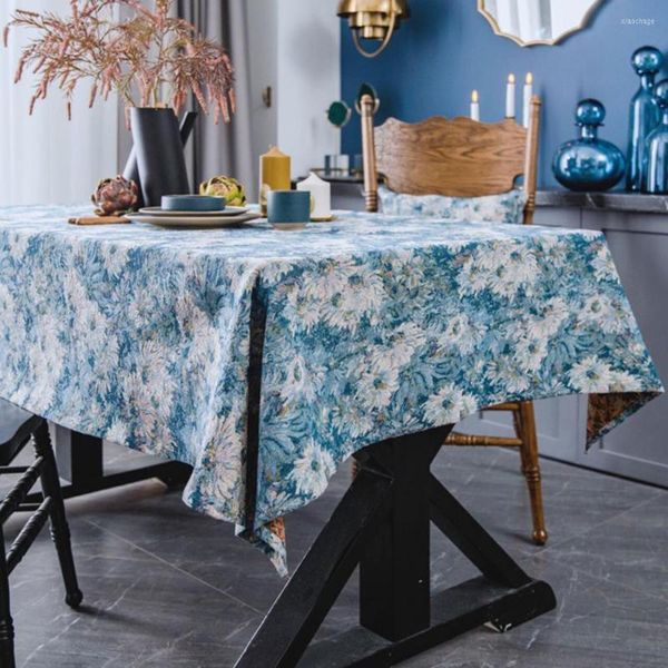 Mantel rectangular lavable a prueba de aceite para cena, cubierta de comedor con estampado de pintura al óleo de flores azules suaves más gruesas