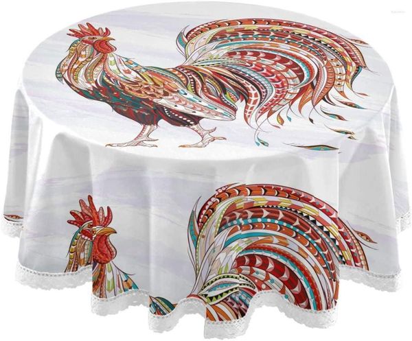 Nappe Traditionnelle Mandala Coq Rond Waterolor Plume Polyester Blanc Dentelle Nappe 60 Pouce Pour Le Dîner Décor