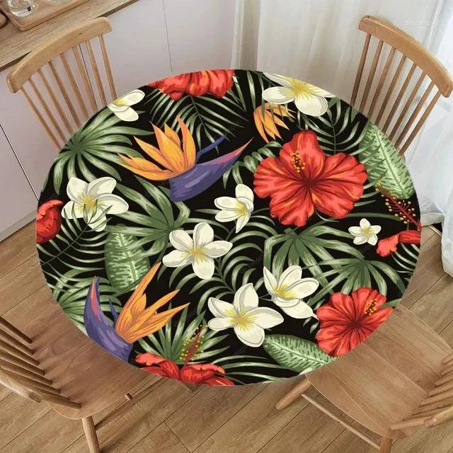 Tafelkleed tropische planten rond tafelkleed gemonteerd elastisch randen bloemen waterdichte polyester deksel voor eetkamer keuken picknick