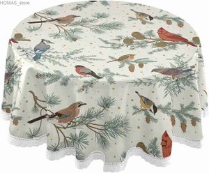 Nappe de table vintage arbre cardinal nappe ronde oiseaux d'hiver ic polyester nappe en dentelle blanche 60 pouces pour la décoration de table de dîner Y240401