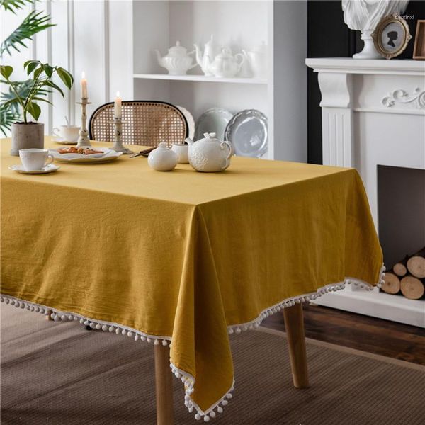 Nappe de table en coton lavé nappe rectangulaire couleur unie avec couverture de gland de boule blanche décoration de thé de dîner à la maison
