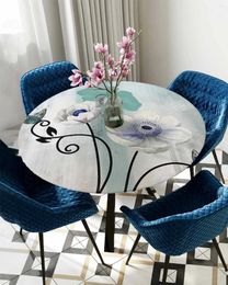 Nappe ronde aquarelle fleurs plantes papillons bleu vert, couverture élastique, décoration de salle à manger imperméable