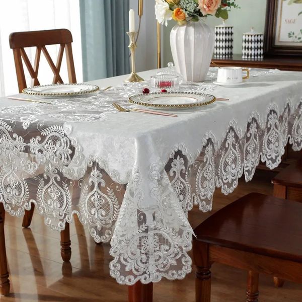 Tela de mesa blanca dorado de terciopelo rectángulo bordado cubierta de comedor de lujo mantel de encaje de encaje