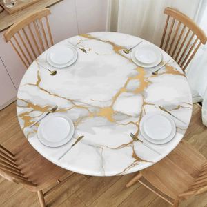 Nappe de table ronde imprimée marbre blanc avec bords élastiques, couverture de table ronde ajustée, vêtements de table imperméables pour table à manger en plein air 231115