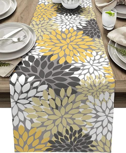 Nappe de Table en lin à fleurs de Dahlia jaune et gris, décoration de commode, foulards, chemin de salle à manger de ferme, décoration de fête de vacances