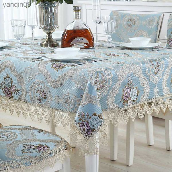 Couverture de table bleu Europe luxe brodé solide nappe table à manger tissu Jacquard épaissir dentelle tissu chaise coussin L230626