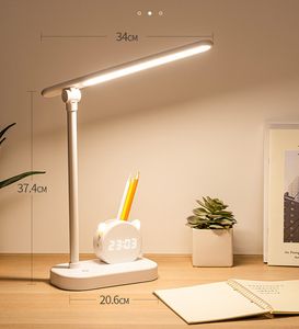 Lampe de table porte-stylo bureau avec horloge protection des yeux étudiant dortoir grande capacité dessus de lampe