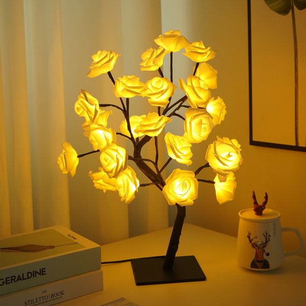 Lámpara de mesa Flor de rosa Escritorio Árbol de luz con 24 luces LED de color blanco cálido Regalo operado por USB para mujeres Adolescentes Niñas para fiesta Boda Navidad Sala de estar interior dormitorio