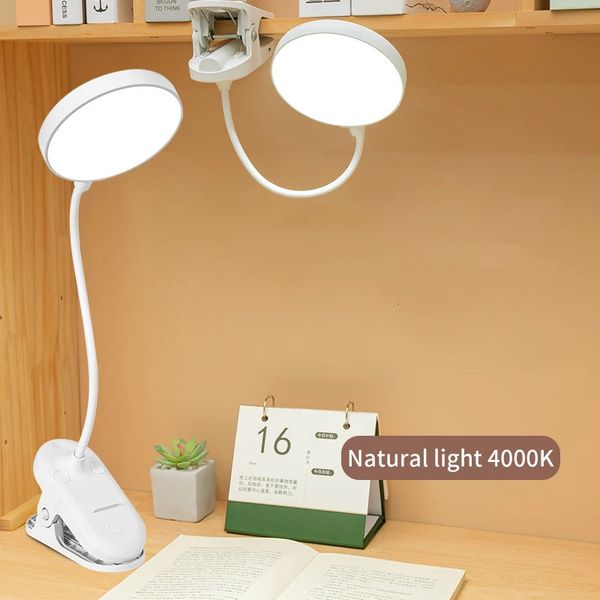 Table Lampe USB Bureau rechargeable avec lit à clip lisant Livre Light Night Light Touch Touch 3 Modes Amorage Protection des yeux 240508