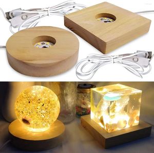 Lampes de table 10 cm rond carré base en bois LED veilleuse support d'affichage chambre décor de bureau support de lampe multicolore avec adaptateur secteur USB