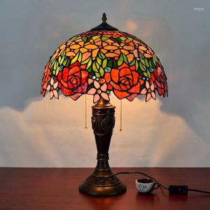 Tafellampen 16 inch rozenbloemen tiffany lamp landstijl gebrandschilderd glas voor slaapkamerbed E27 110-240V