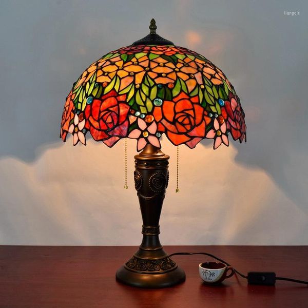Lampes de table 16 pouces Rose Fleurs Tiffany Lampe Pays Style Vitrail pour Chambre Chevet E27 110-240V