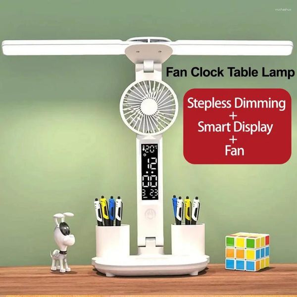 Lampes de table 2in1 lampe à LED multifonction pliable touche avec un calendrier de ventilateur horloge USB Bureau rechargeable pour la lecture de chambre Lumières nocturnes