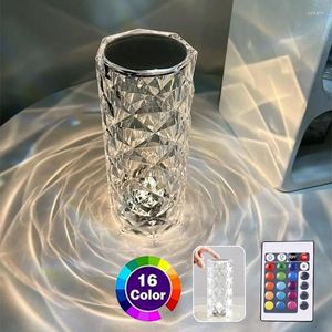 Lámparas de mesa 3/16 colores Touch/Remote Diamond Rose Lamp Crystal Romantic Christmas USB LED Night Light Projector Atmósfera