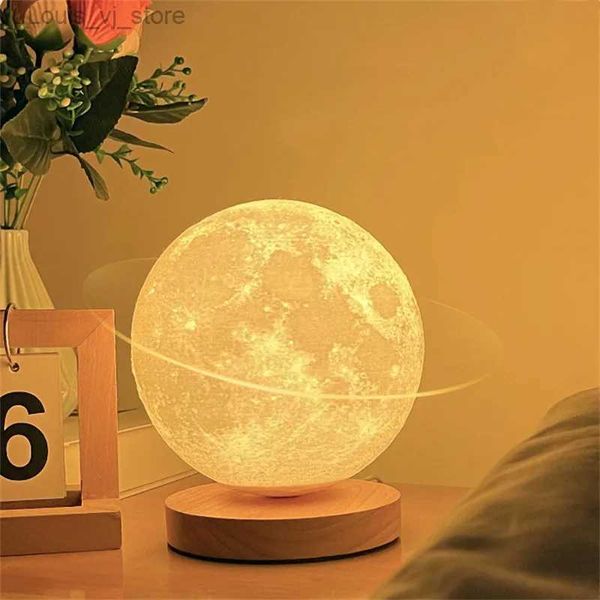 Lámparas de mesa 360 Rotación Luna Luz nocturna Atmósfera 3D Lámpara de mesita de noche Atenuación táctil remota 3 o 16 colores Luces LED para niños Regalos YQ240316