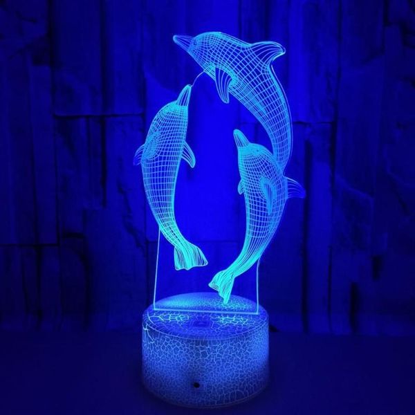 Lámparas de mesa 3D Dolphin Led Illusion Lámpara de noche Luces de escritorio 16 colores que cambian con cabecera óptica remota para niños Room272q