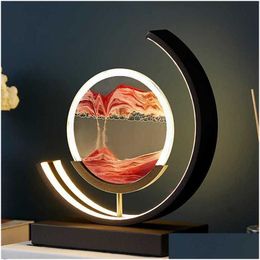 Lampes de table 3D LED Night Light Télécommande Quicksand Art Scène de sable Dynamique Rond Verre Sablier Salle à manger Chambre Chevet Lam Dh2Ay