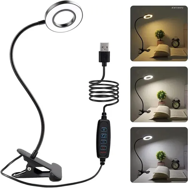 Lámparas de mesa 48 LED Lámpara de escritorio Clip USB Luz de libro Mesita de noche 360 ° Protección ocular flexible Cuello de cisne Brillo de lectura Ajustable 3 niveles