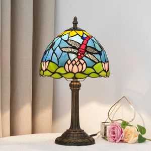 Lampes de table 8 pouces Tiffany Style Vétonnage tachée lampe de chevet antique Lotus libellule vintage pour chambre à coucher du salon