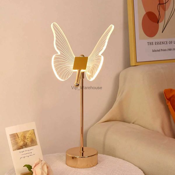 Lámparas de mesa Lámpara de escritorio LED de mariposa acrílica, artesanía dorada Retro, luz de ambiente para dormitorio, 3 modos, adornos de luz nocturna para sala de estar YQ231006