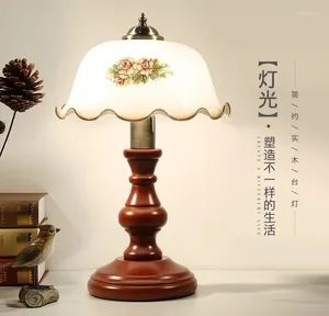 Tafellampen Amerikaanse landelijke handgetekende camellia glas klassiek retro houten dimmen e27 led lamp voor bedsidenarrow zltd007